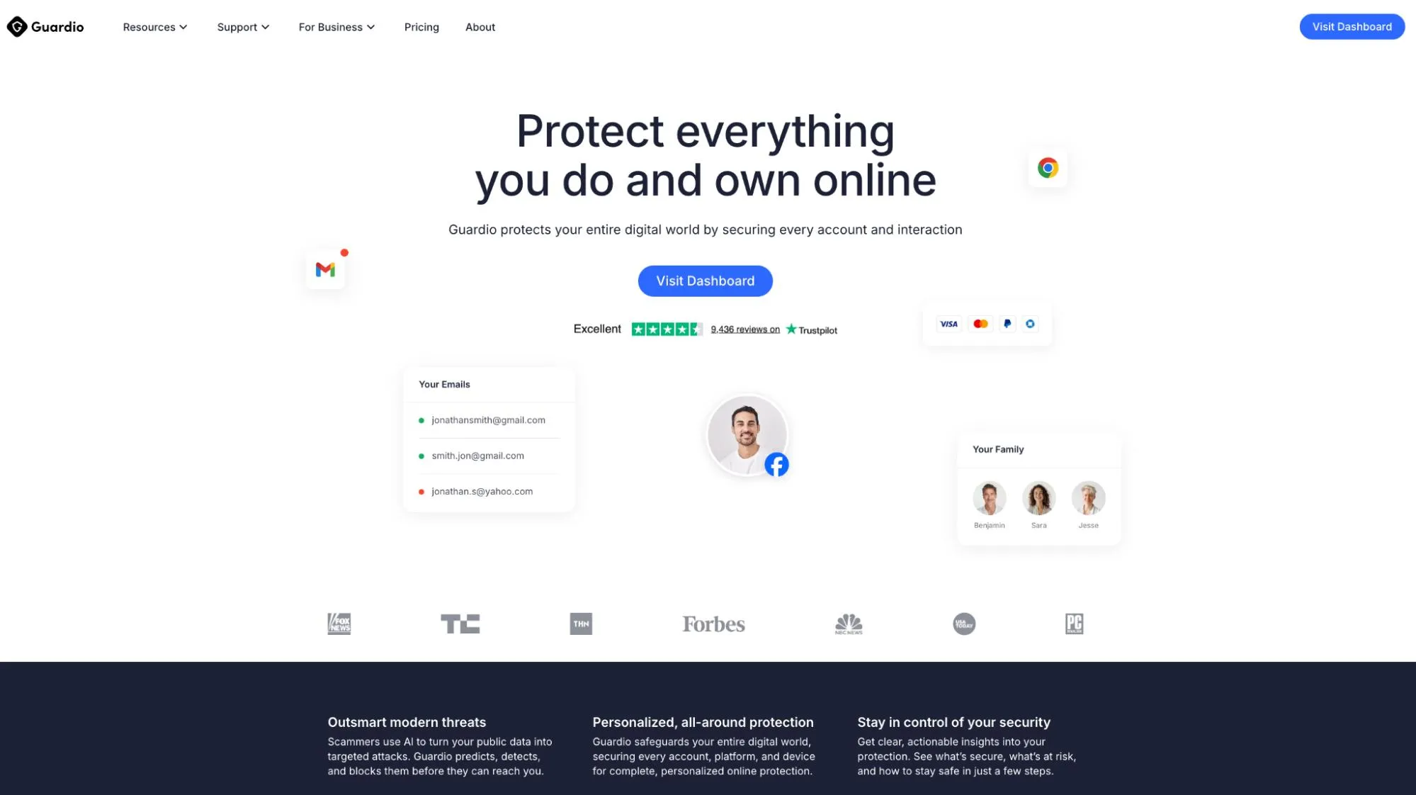 Guardio homepage hero showing “Protect everything you do and own online.”