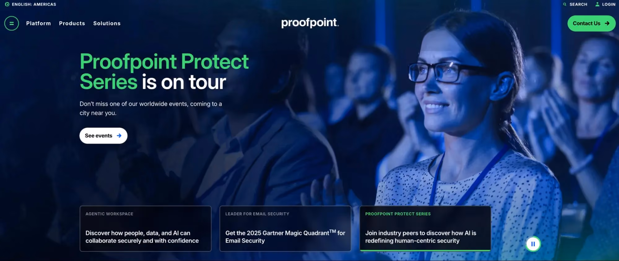 Proofpoint website hero announcing “Proofpoint Protect Series is on tour.”