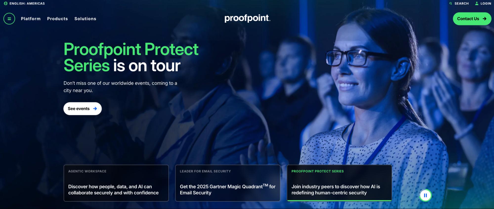Proofpoint website hero announcing “Proofpoint Protect Series is on tour.”