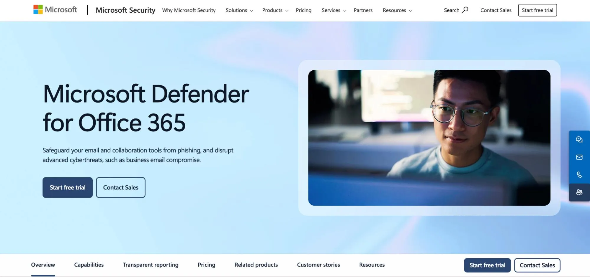 Microsoft Defender for Office 365 product page highlighting email and collaboration security.