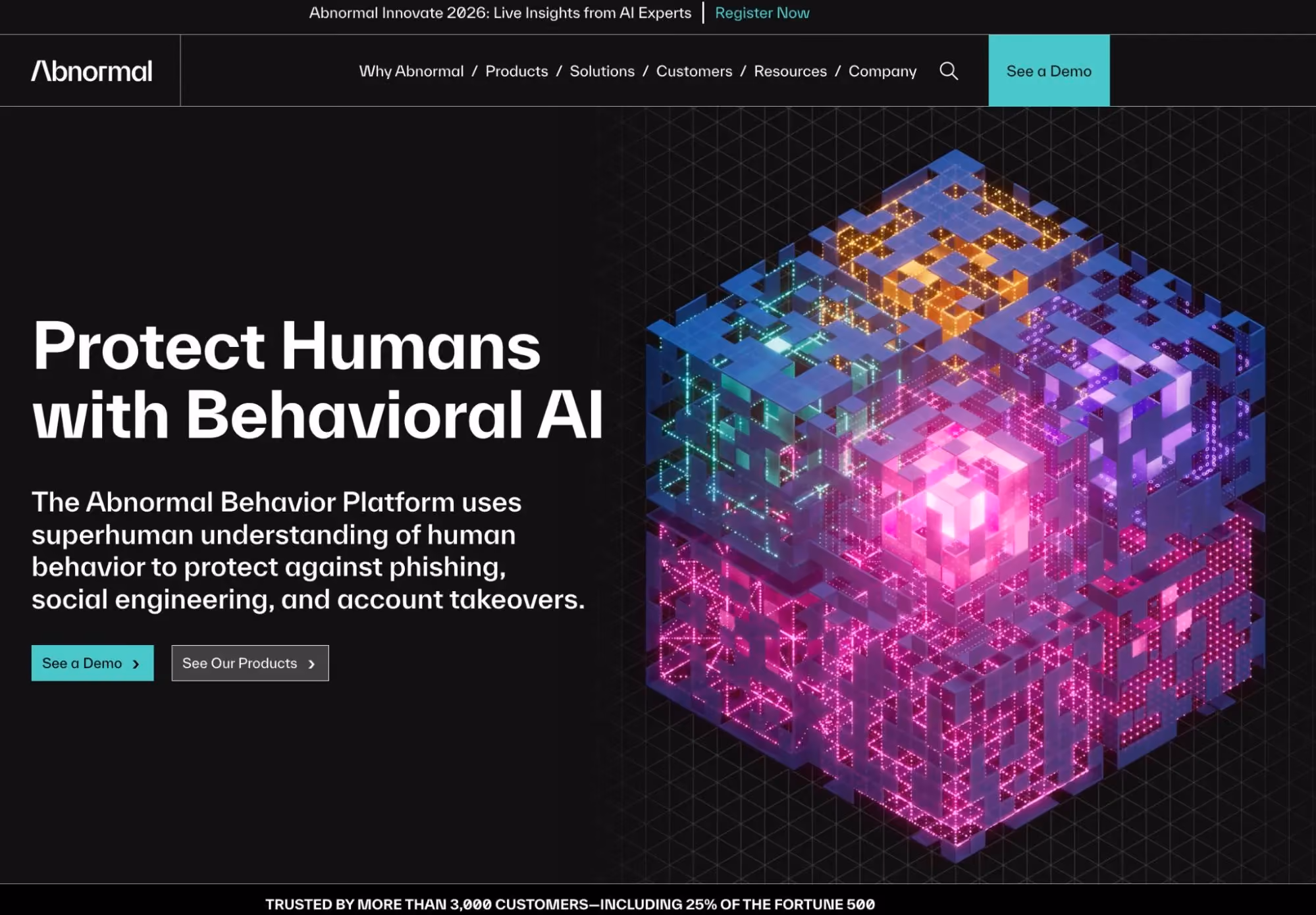 Abnormal Security homepage promoting behavioral AI to protect humans.