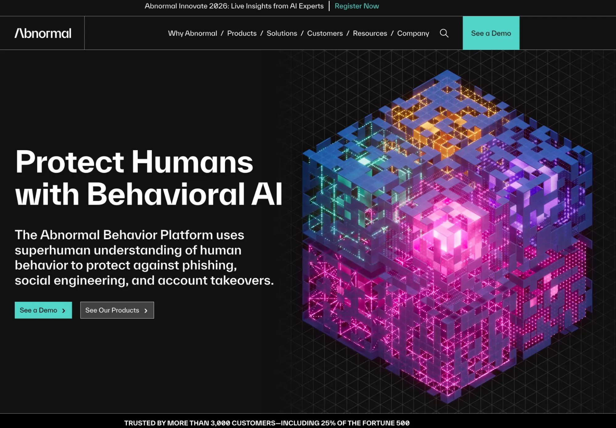 Abnormal Security homepage promoting behavioral AI to protect humans.