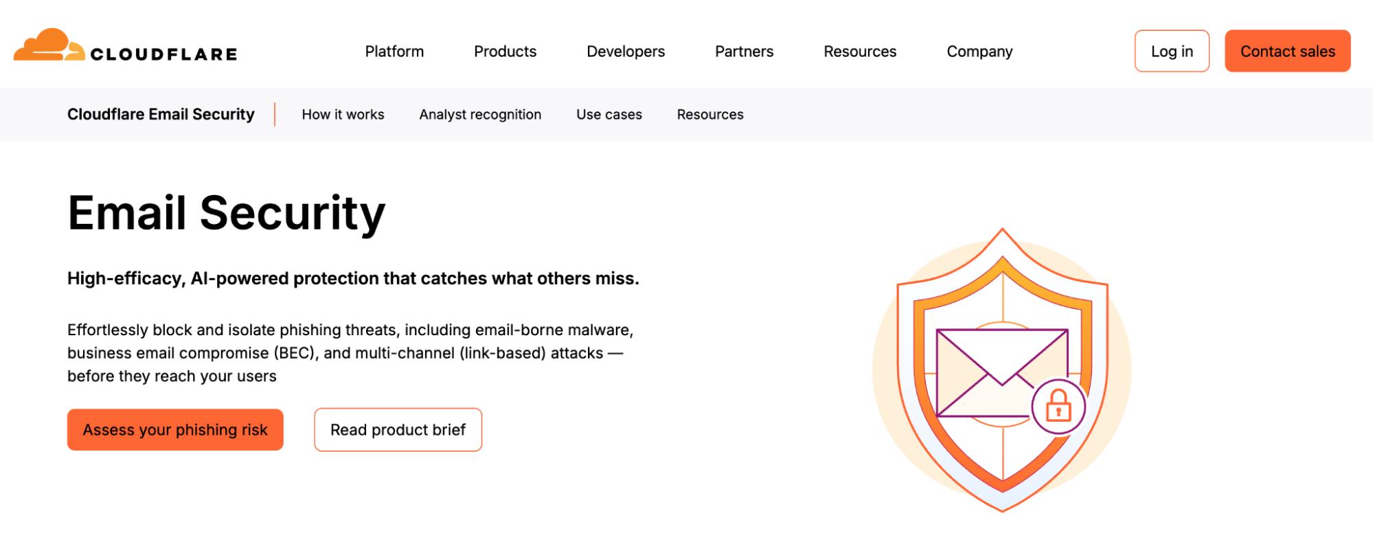 Cloudflare Email Security page highlighting AI-powered phishing protection.