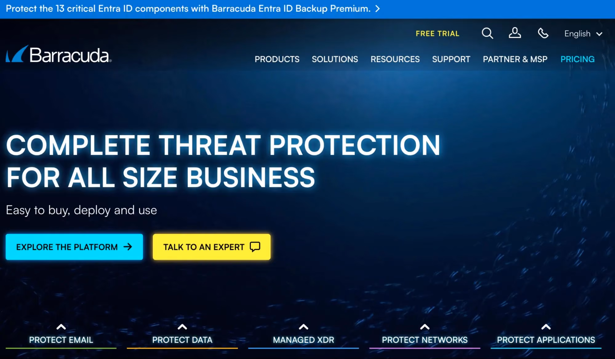 Barracuda homepage promoting complete threat protection for businesses.