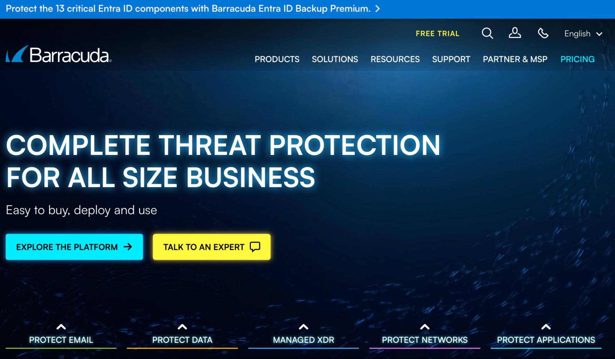 Barracuda homepage promoting complete threat protection for businesses.