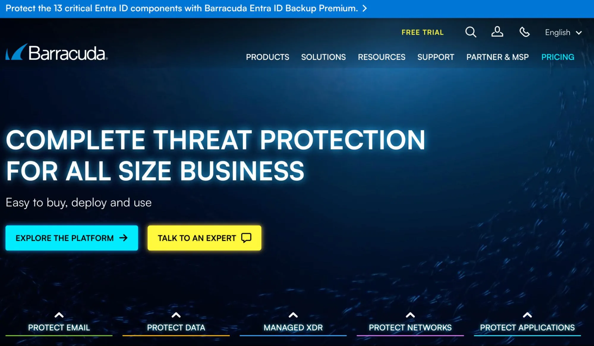Barracuda homepage promoting complete threat protection for businesses.