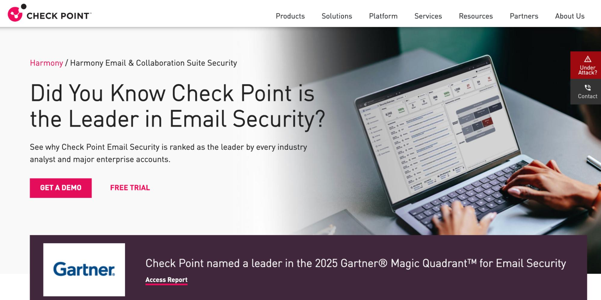 Check Point Email Security page promoting leadership in email security.