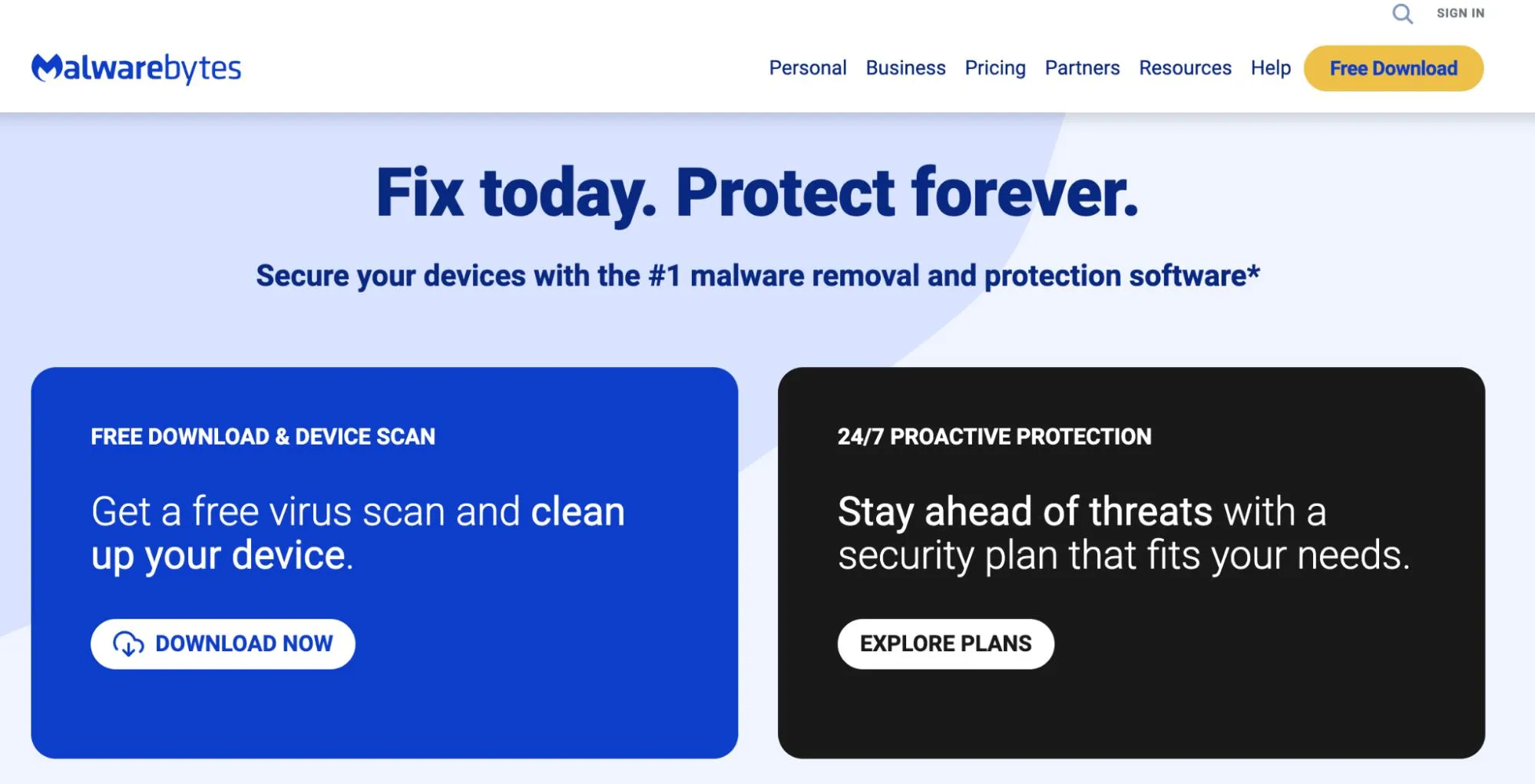 Malwarebytes homepage promoting malware protection with “Fix today. Protect forever.”