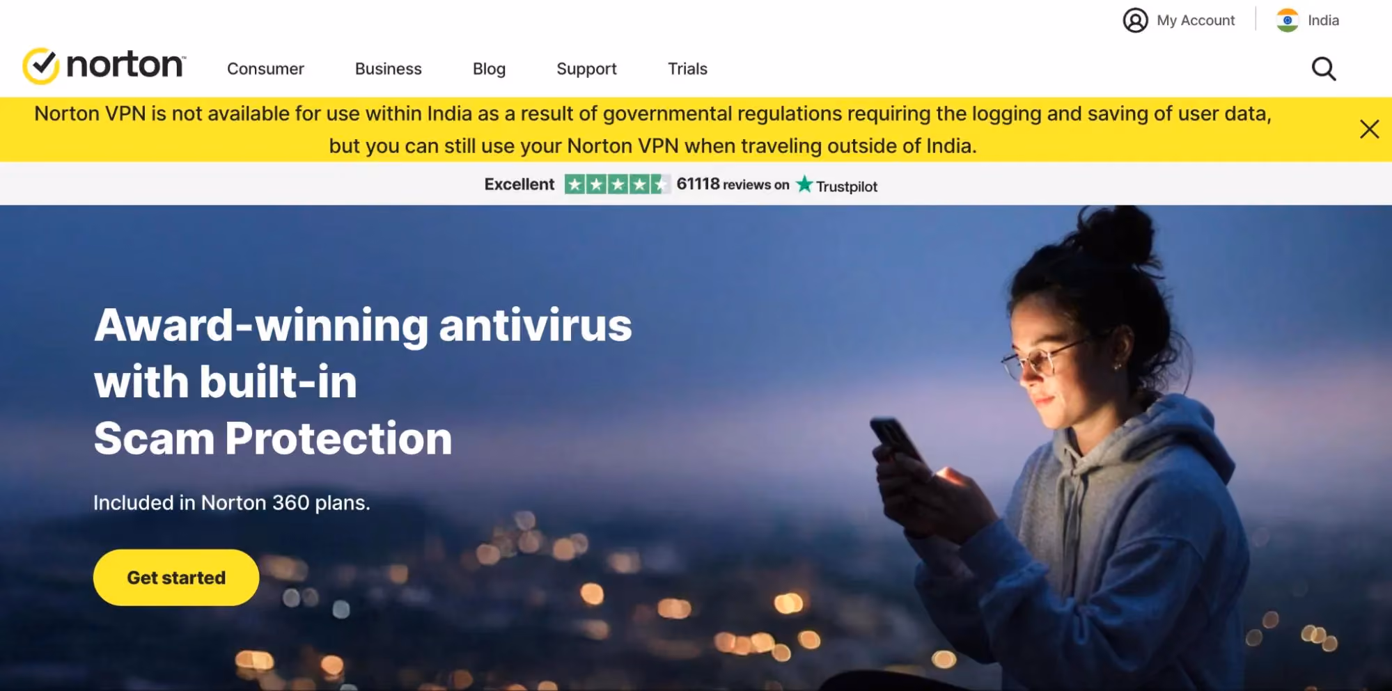 Norton homepage promoting award-winning antivirus with scam protection.