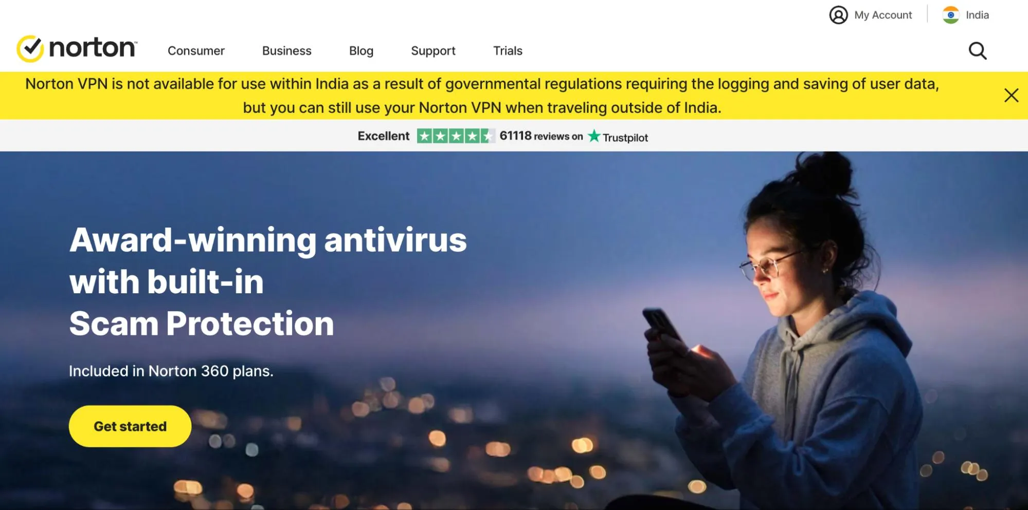 Norton homepage promoting award-winning antivirus with scam protection.