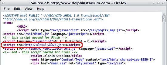 Example of hidden malicious scripts embedded in a compromised website page.