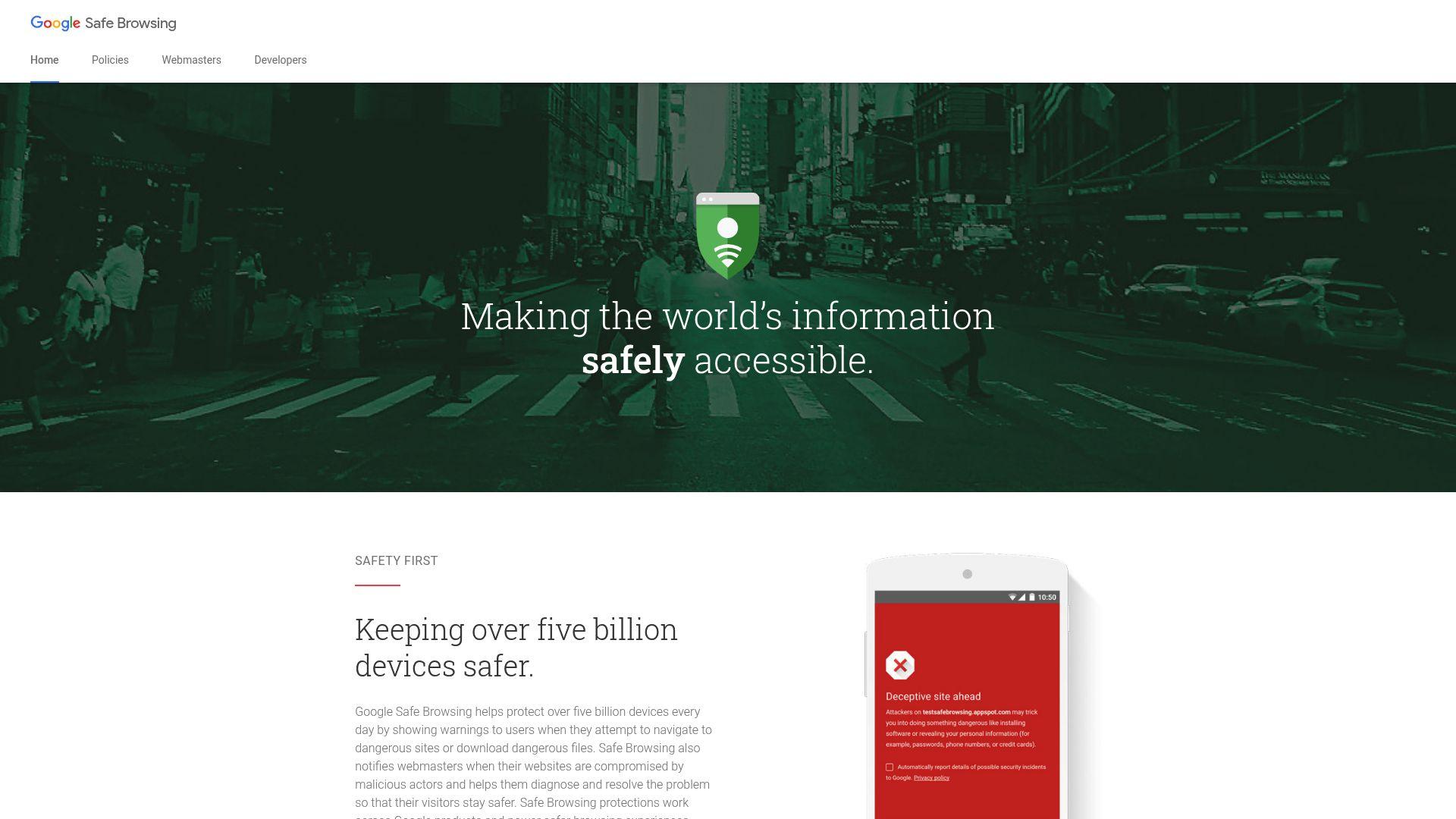 Google Safe Browsing homepage with “Making the world’s information safely accessible” banner.