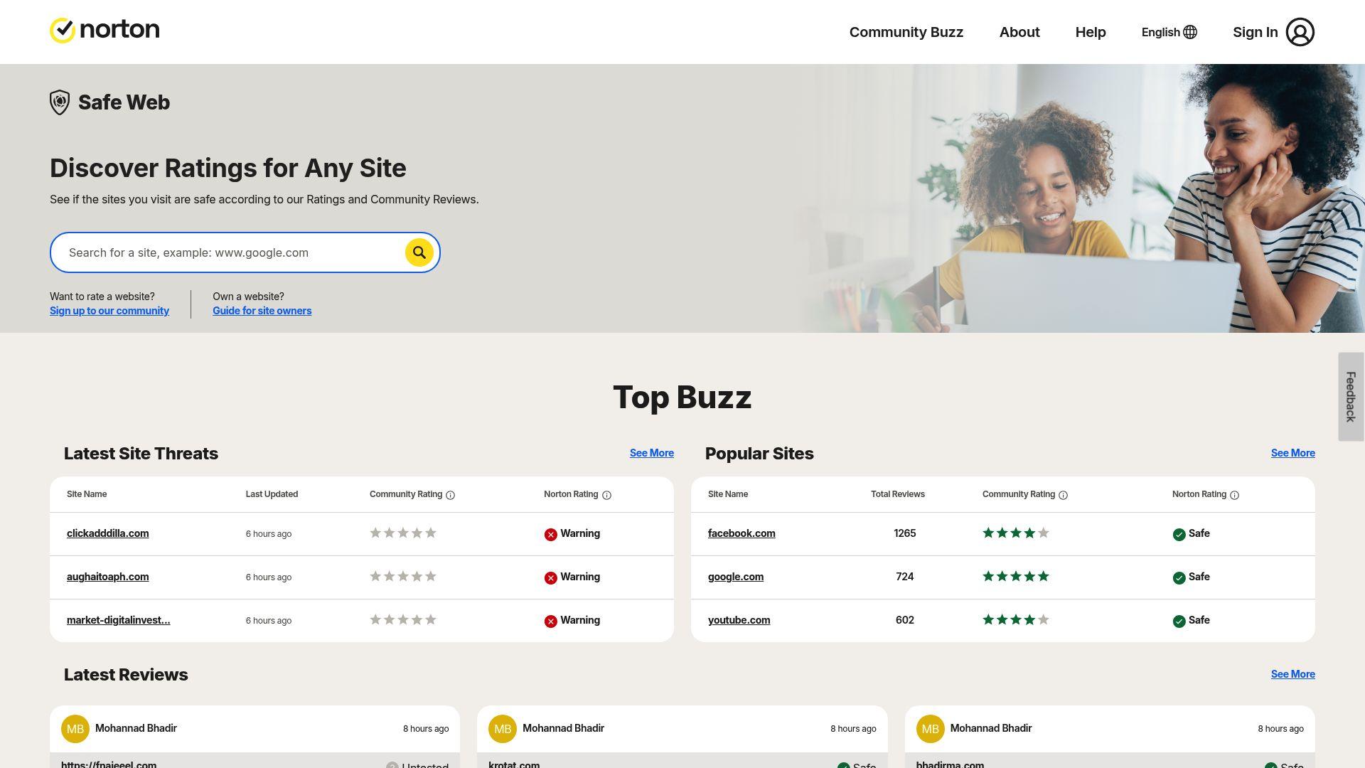 Norton Safe Web page with search bar to discover site ratings, plus tables showing latest site threats and popular sites with safety scores.