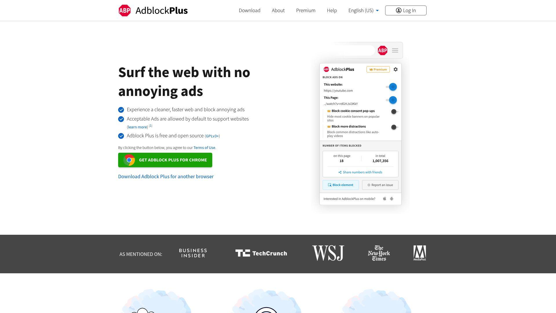 Adblock Plus homepage showing “Surf the web with no annoying ads,” Chrome install button, and extension panel preview blocking ads and pop-ups.