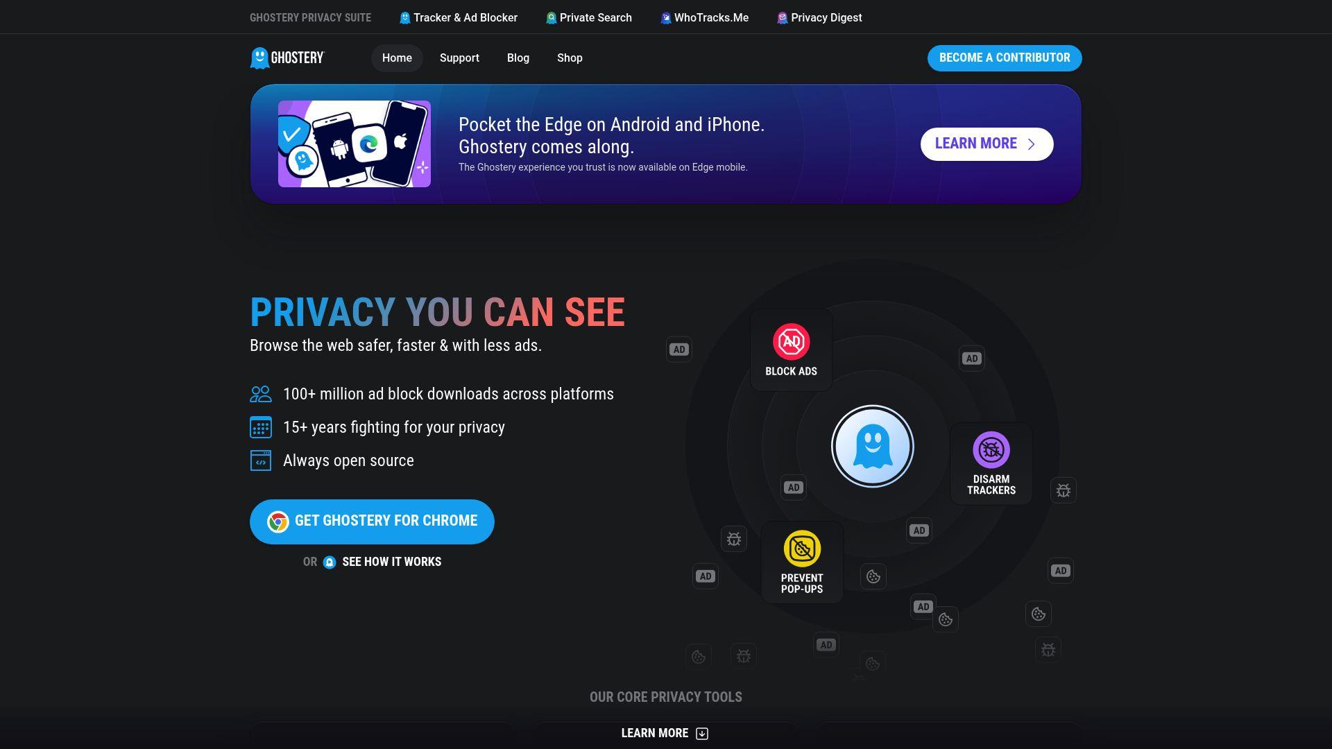 Ghostery homepage highlighting “Privacy you can see,” Chrome download button, and visuals showing ad blocking, tracker blocking, and pop-up prevention.