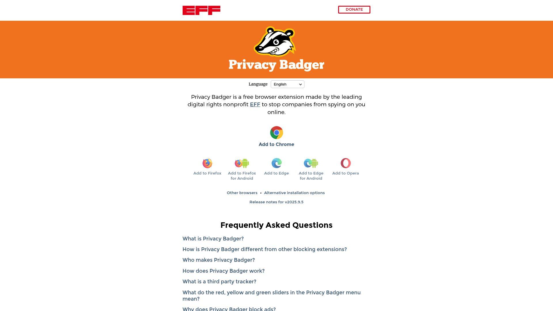 Privacy Badger homepage by EFF showing Add to Chrome and other browsers, description of tracker blocking, and FAQ section.