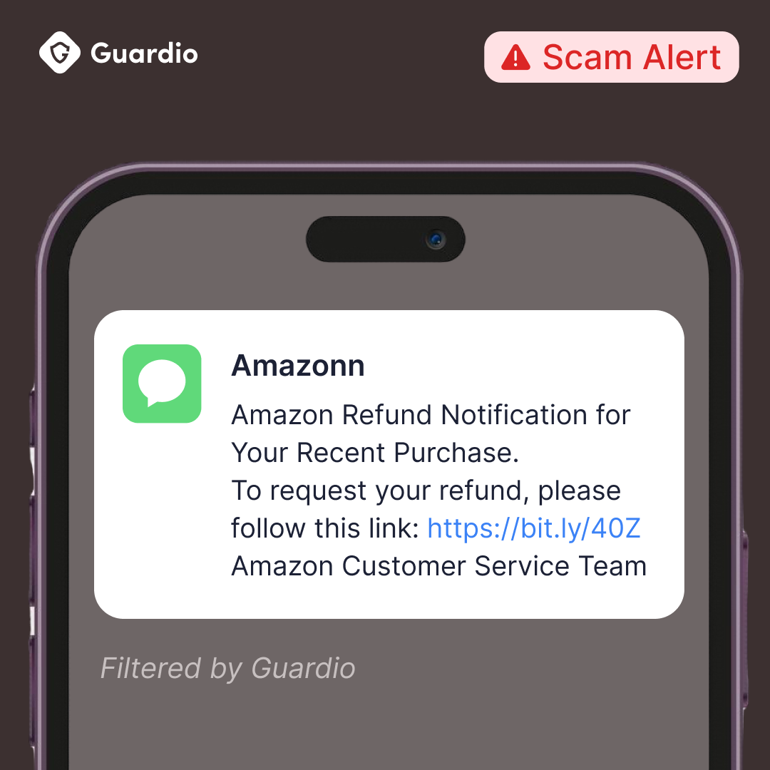 Phone displaying fake Amazon refund text with malicious link, blocked by Guardio's scam detection