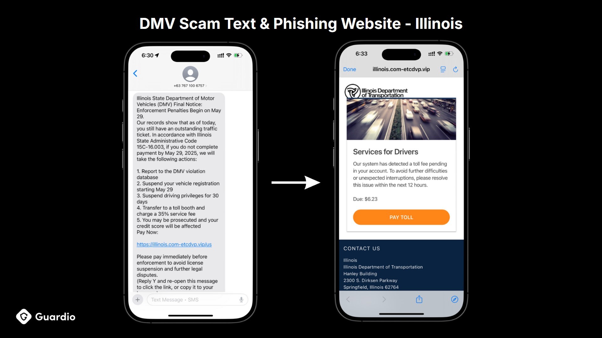 Phishing scam via fake DMV text and spoofed Illinois DOT site demanding toll payment, showing SMS and fraudulent website on mobile.