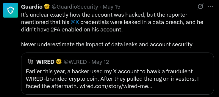 Guardio tweet highlighting credential leaks for X (formerly Twitter) for accounts not having 2 F.A.