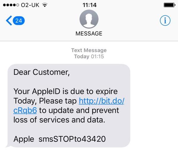 A phishing SMS for expiring Apple ID with an unsecure URL shortener.