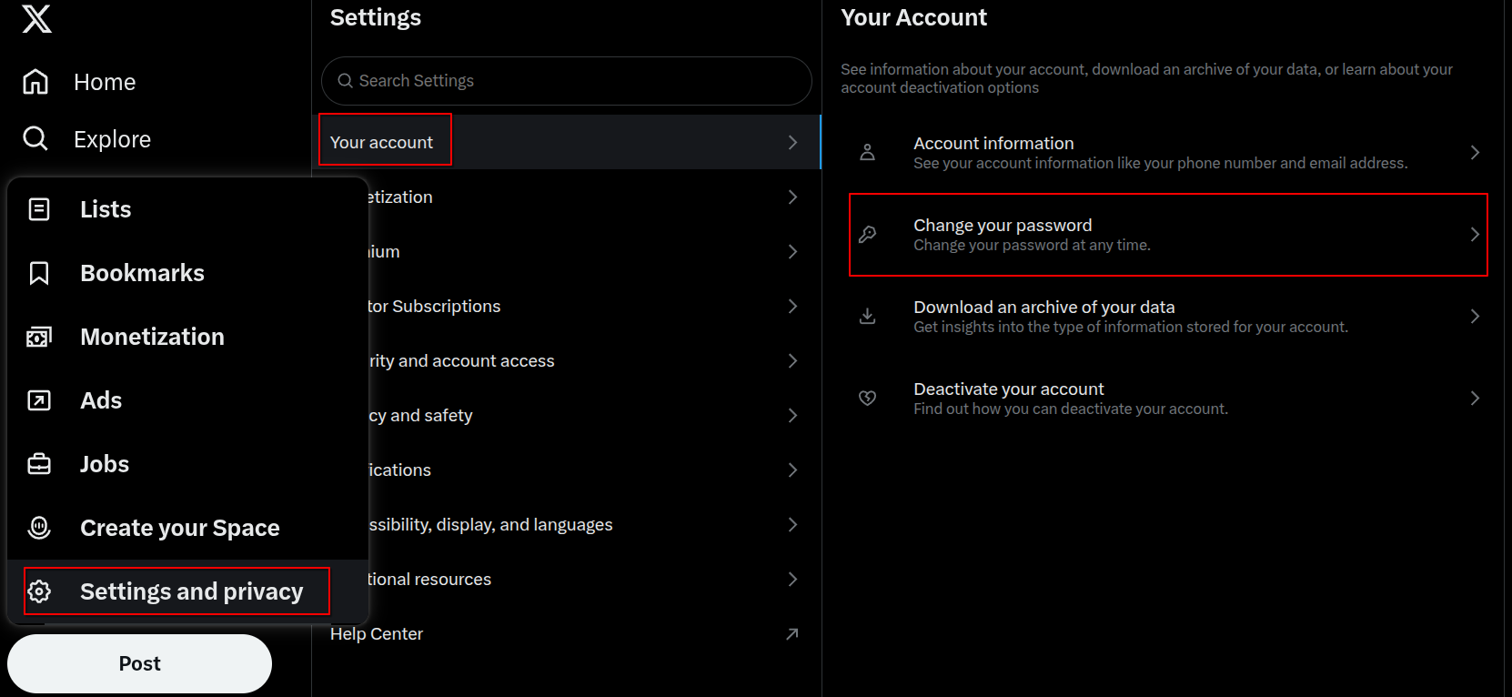 The “Change your password” setting that allows changing password for login on X.
