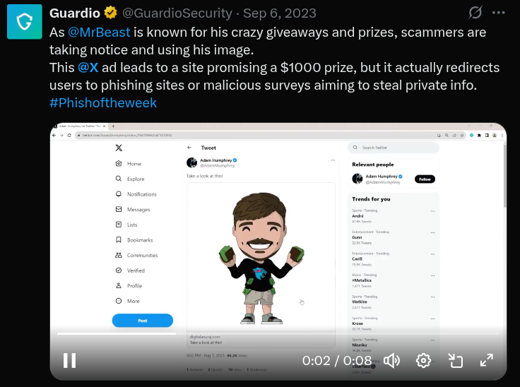 Guardio tweet highlighting scam using the image of “Mr. Beast” who is well-known for giveaways and prizes.