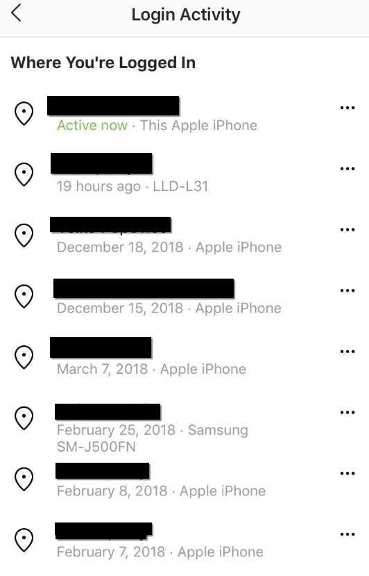 Instagram login activity showing last access time and last location.