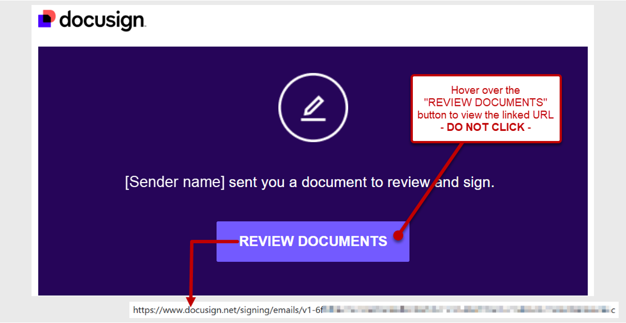Hover on the “Review Document” button to verify it leads to a DocuSign domain.