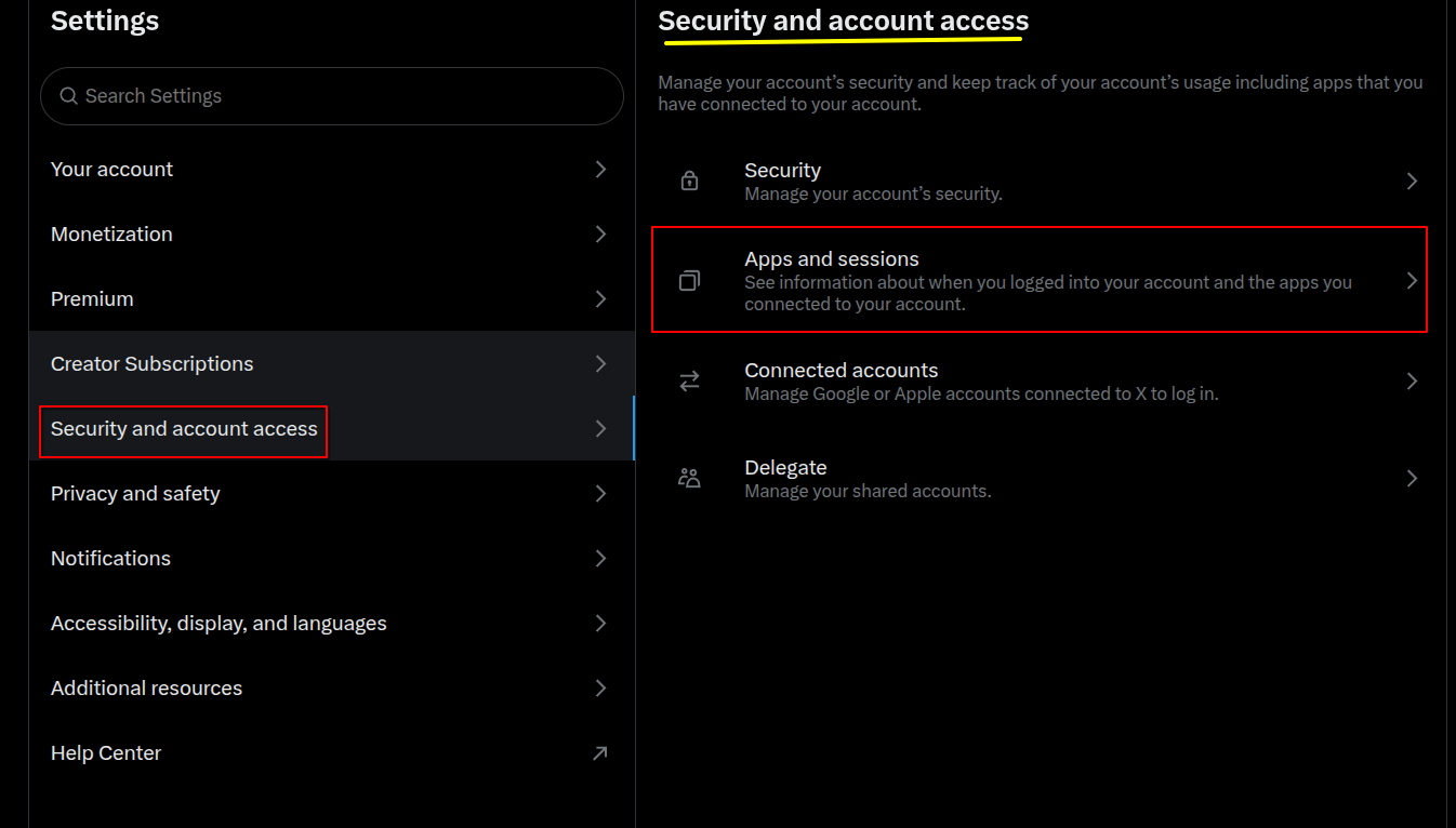 “Apps and Session” setting that shows all externally connected applications on X.