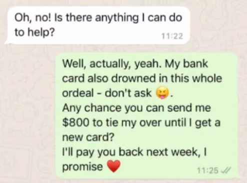 'Hi Mom' WhatsApp scam where sender claims bank card drowned and asks mom to send $800, promising to repay next week.