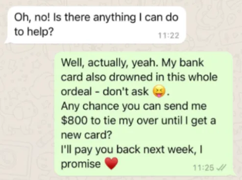 'Hi Mom' WhatsApp scam where sender claims bank card drowned and asks mom to send $800, promising to repay next week.