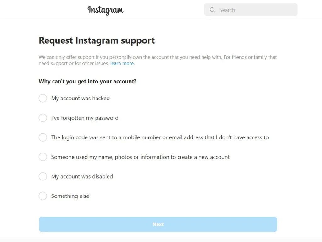 Selecting the reason why you can’t get into your account on the Instagram Help Centre page.