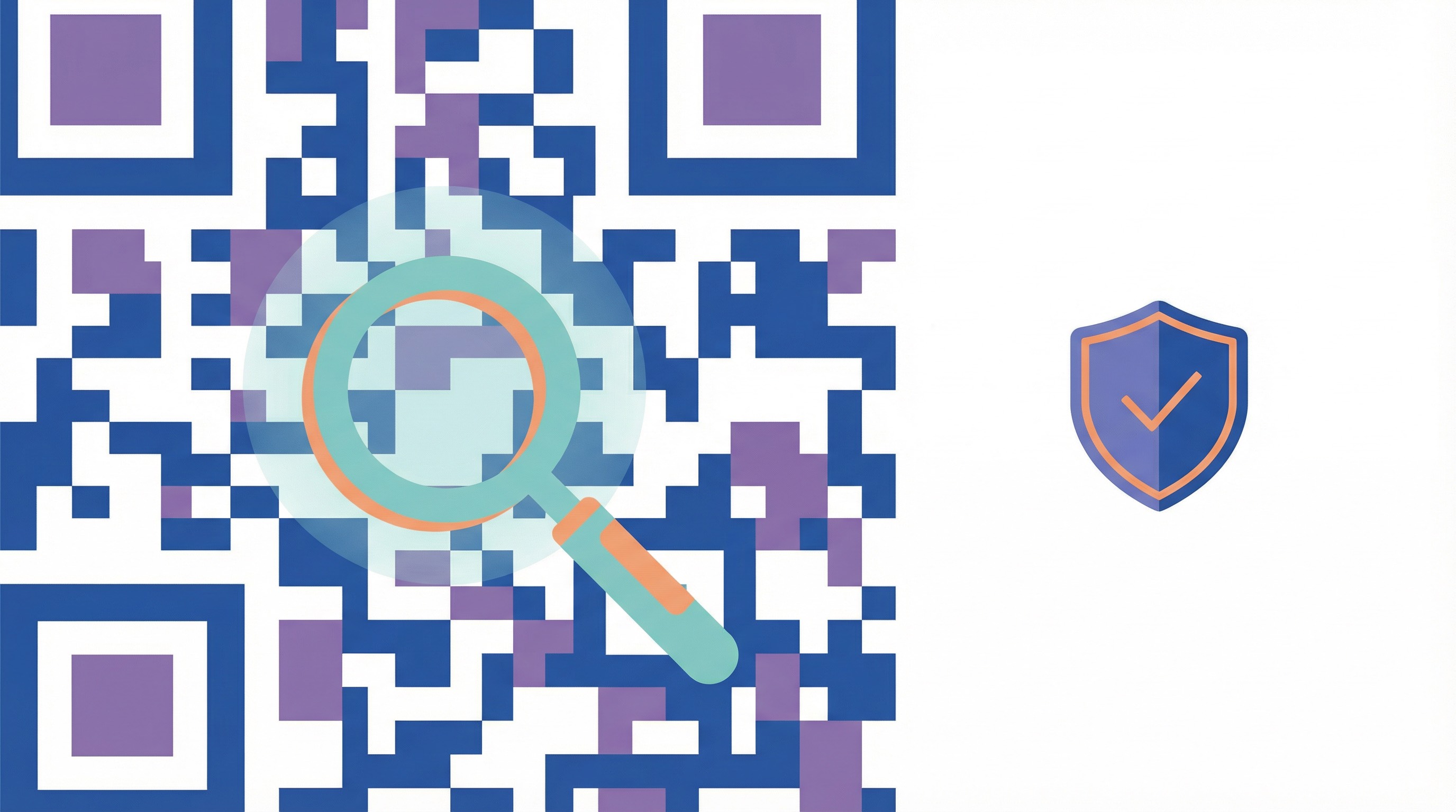 QR code inspected by a magnifying glass with a shield icon