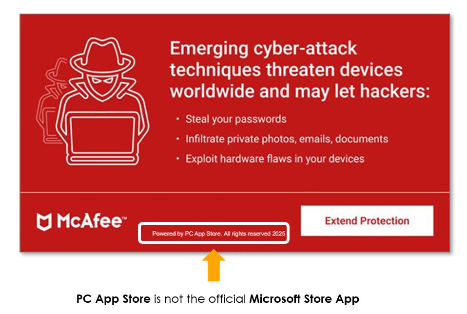 Fake McAfee security warning banner about emerging cyber-attack threats.