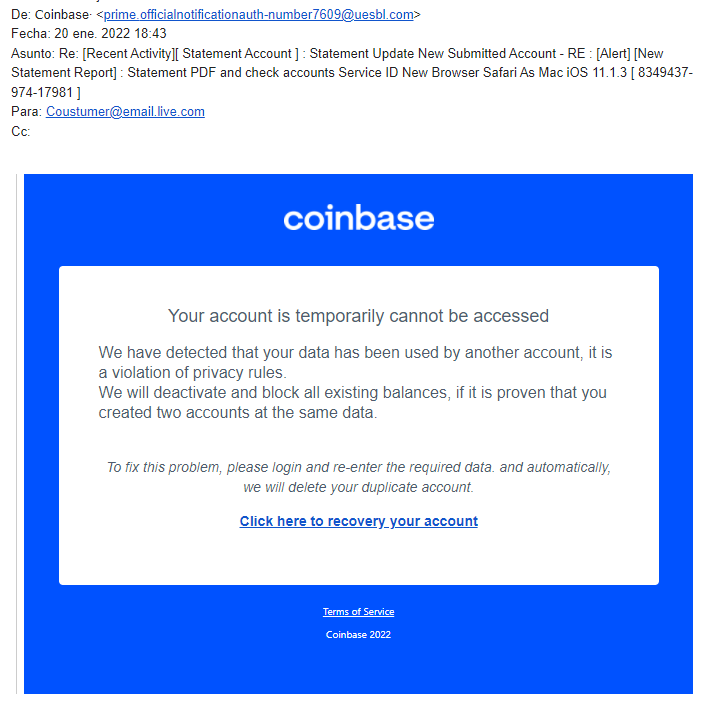 A fake Coinbase email asks the user to "recover your account".