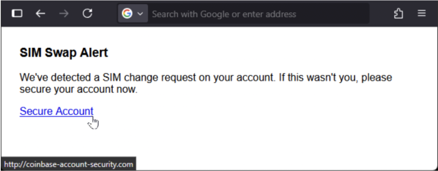 Fake SIM swap alert webpage.
