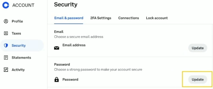 A screenshot shows the password update section of Coinbase.