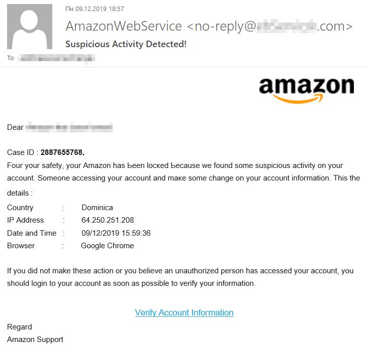 An email with the subject line "Suspicious Activity Detected!" from "AmazonWebService"