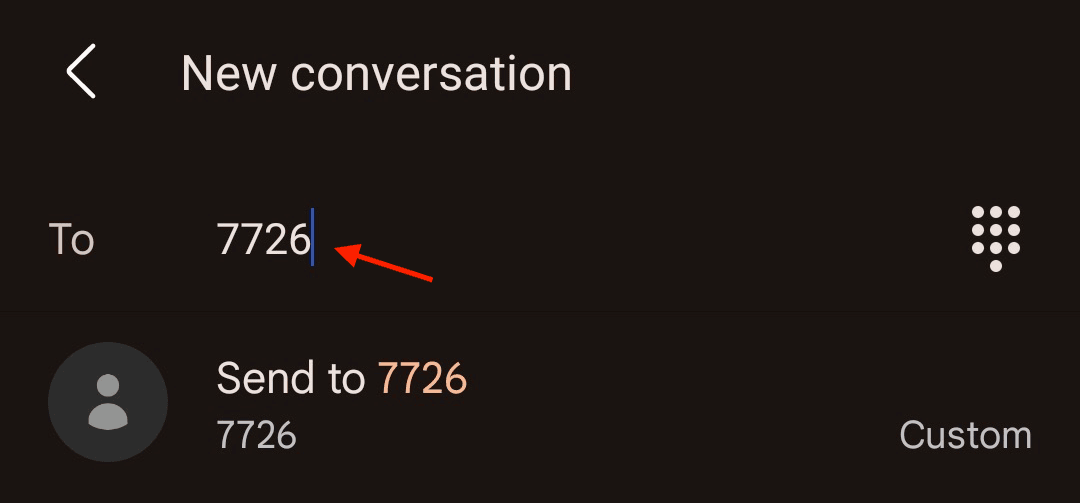 A phone screen showing the number "7726" typed into the "To" field for a new message.