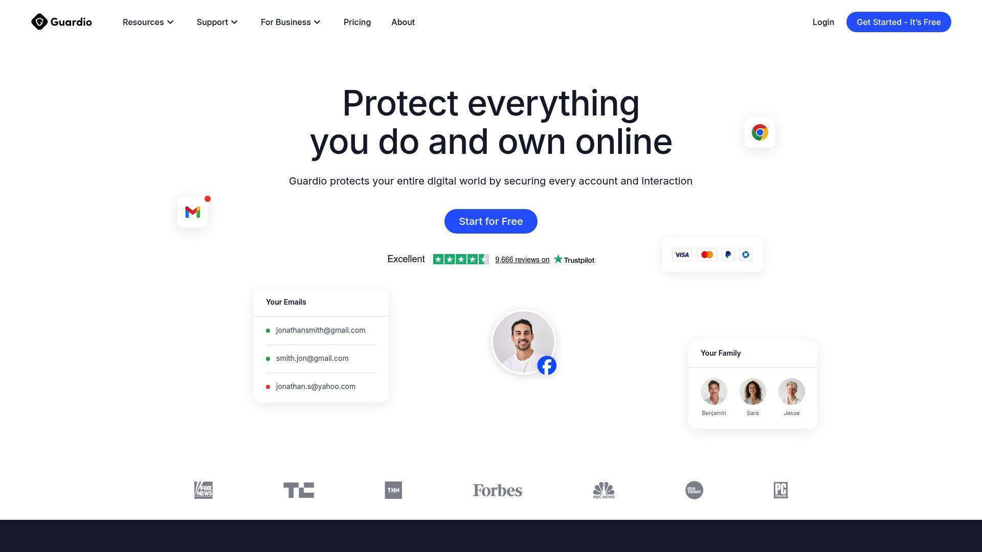 Guardio homepage with “Protect everything you do and own online” headline.