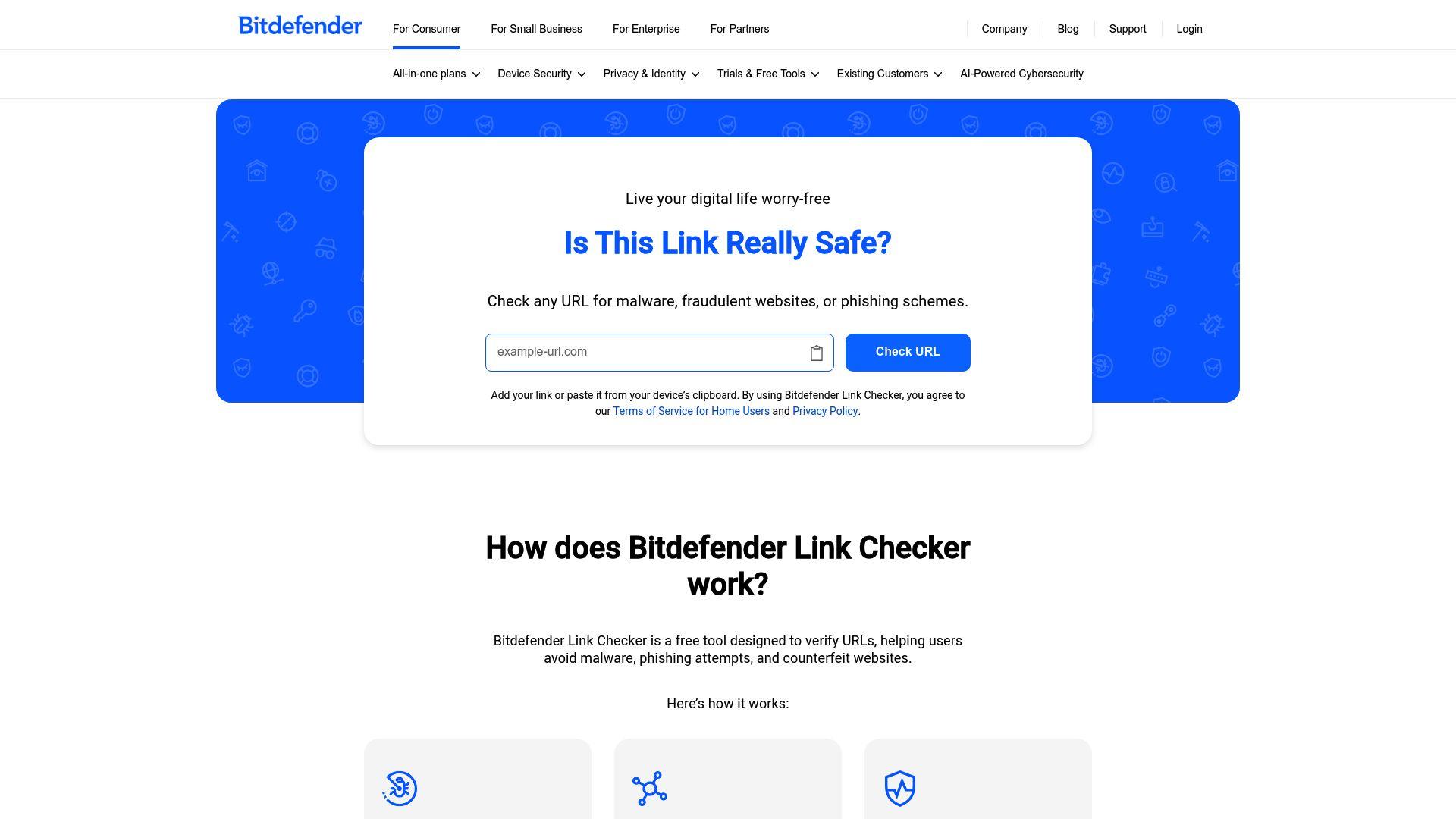 Bitdefender Link Checker page with “Is This Link Really Safe?” headline.