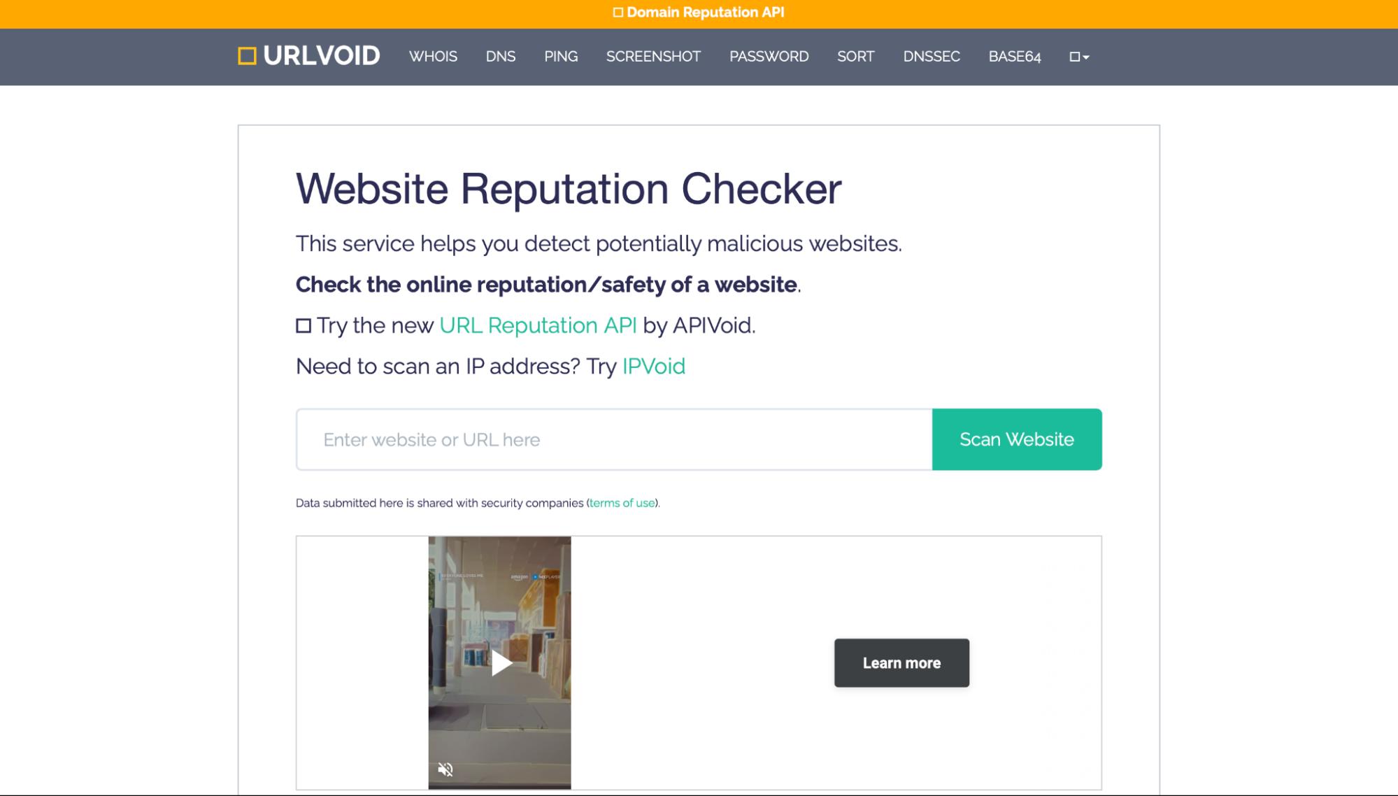 URLVoid Website Reputation Checker page with URL input field and “Scan Website” button