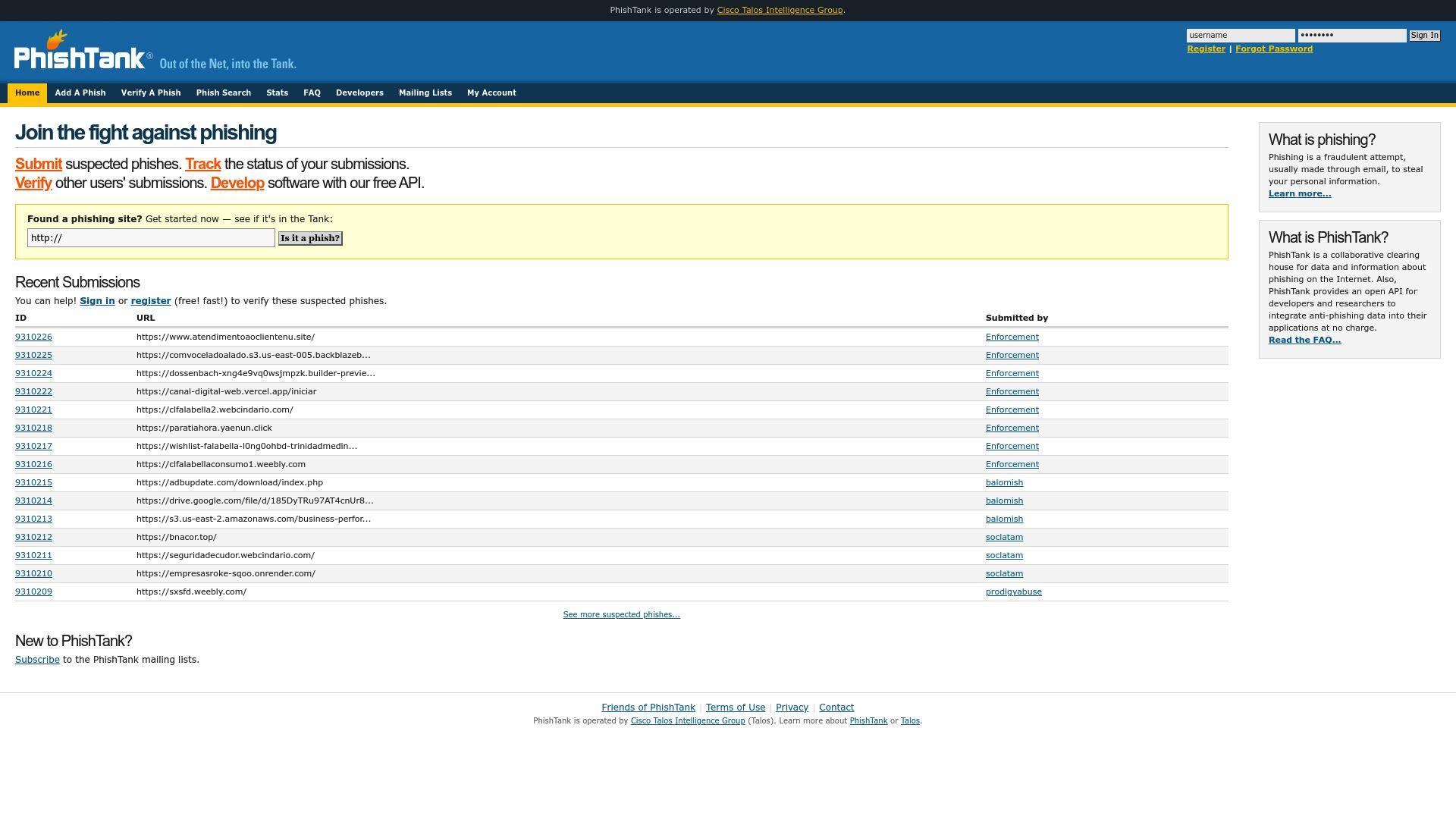 PhishTank homepage with “Join the fight against phishing” message