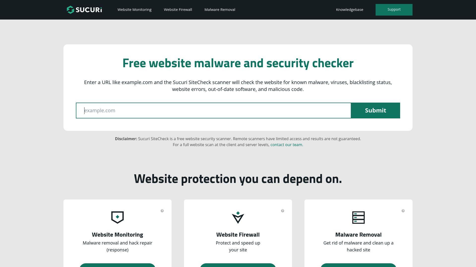 Sucuri SiteCheck page with free website malware and security checker.