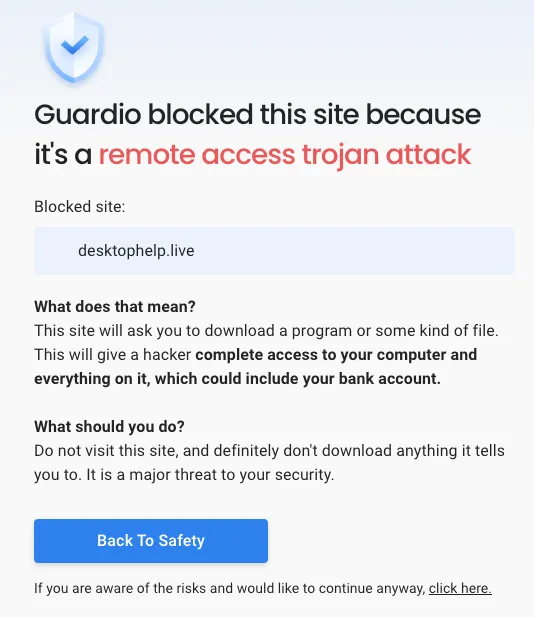 Guardio browser alert blocking a website identified as a remote access trojan threat.