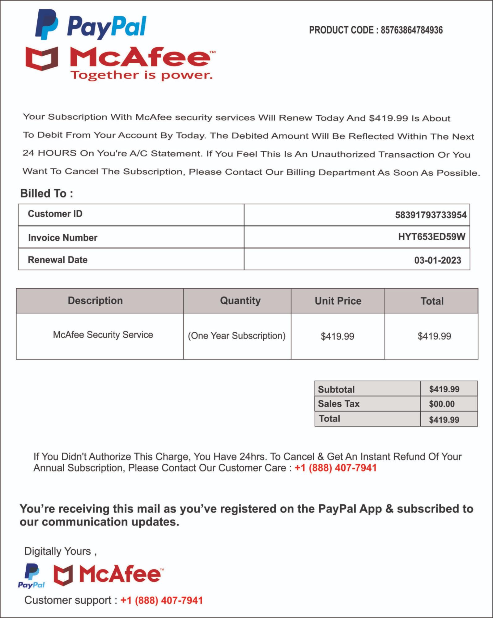 Fake McAfee Invoice without generic greetings and a lack of real names.