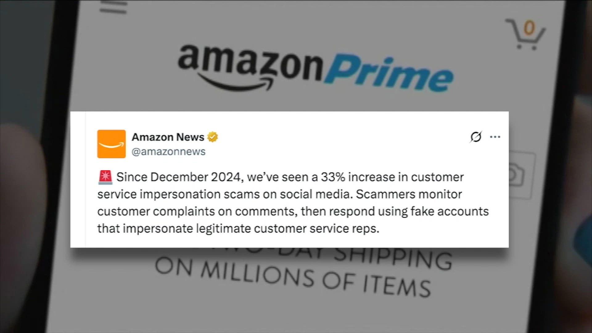 Amazon News mentioning a 33% increase in customer service impersonation scams on social media since December 2024.