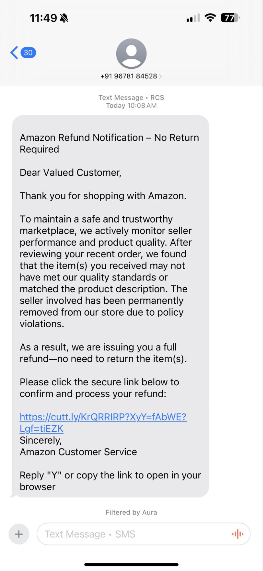 An example of a fake Amazon refund text is shown.