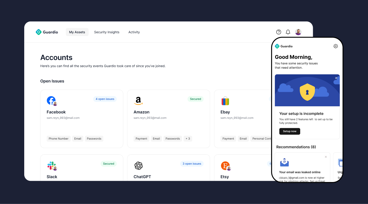 Guardio app dashboard with  "My Account" page showing open issues for various apps like Facebook, Amazon, Ebay etc.