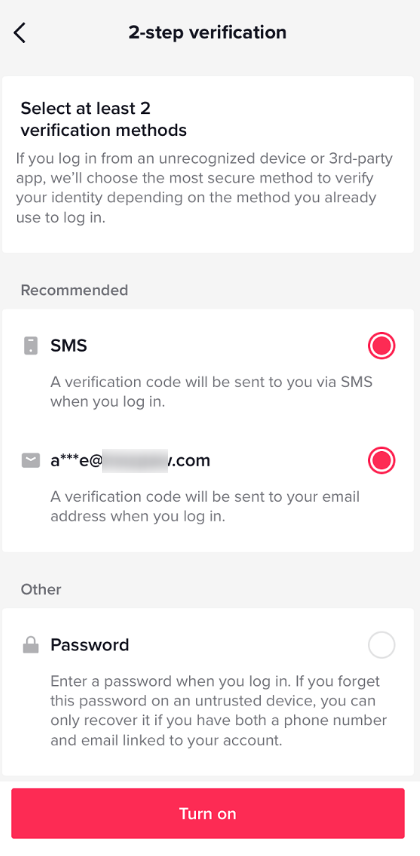 TikTok app's "2-step verification" settings menu